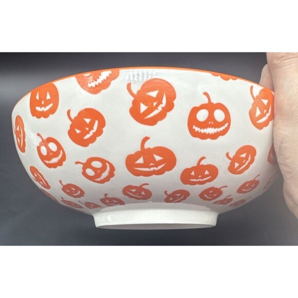 MugShotz Stoneware Orange White PUMPKIN Jack O Lantern Footed Serving Bowl 10” - Picture 4 of 7